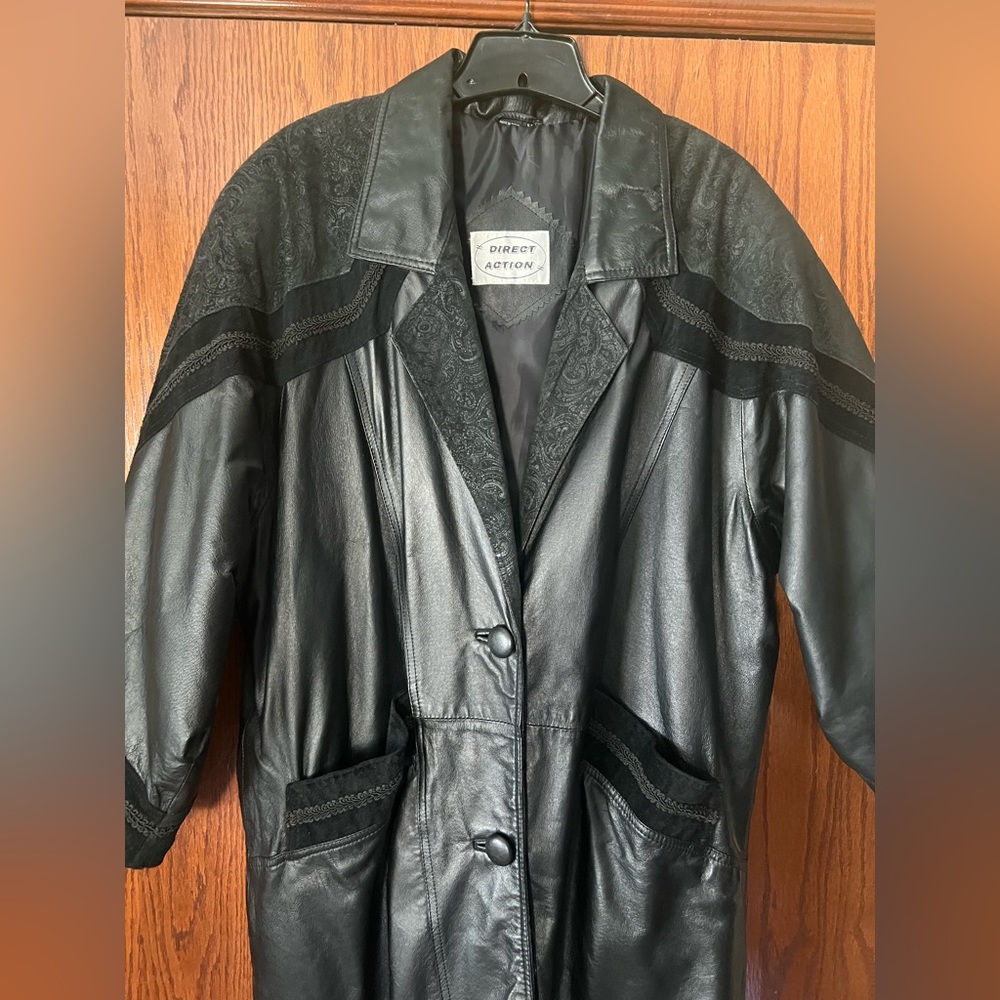 Vtg Direct Action Long Black Leather Women’s  Jacket Pre-owned